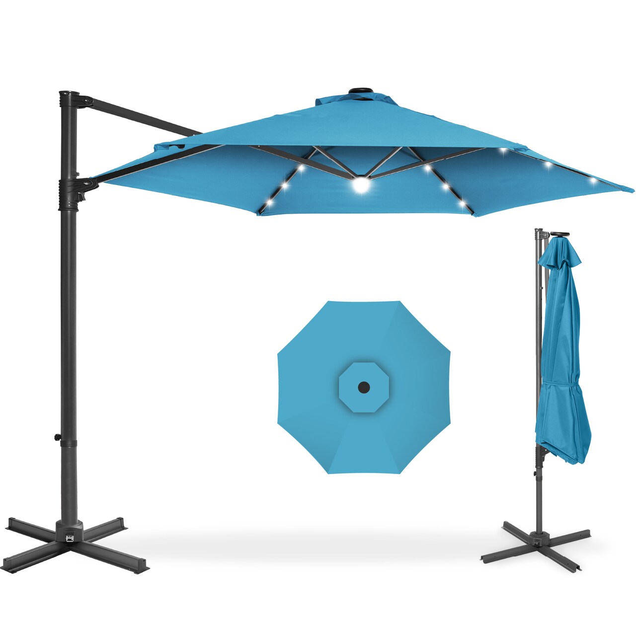 Best Choice Products 10ft 360° Rotating Cantilever Easy Auto Open Patio Umbrella w/ Solar LED Lights